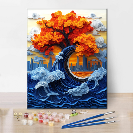 Karmínový strom u moře - Malování podle čísel