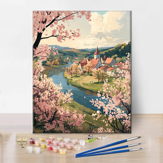 Jarní Říční Vesnice - Malování podle Čísel