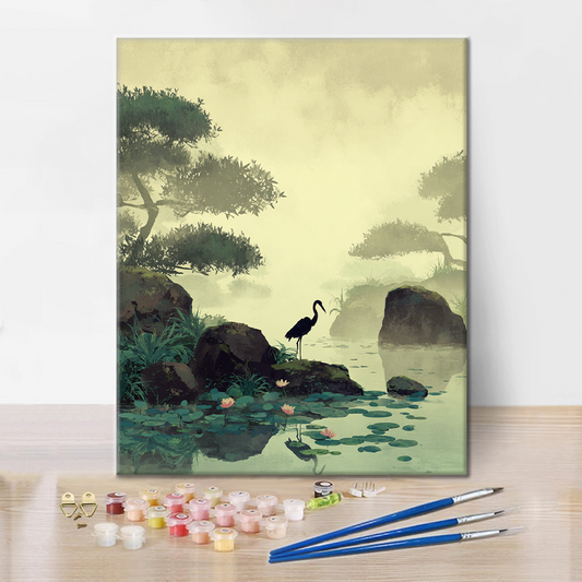Jeřáb u lotosového rybníka - Malování podle čísel