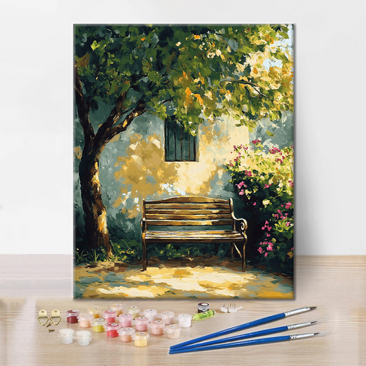 Sluncem ozářená lavička - malování podle čísel