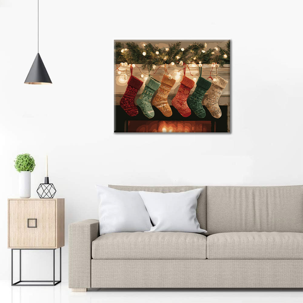 Vánoční punčochy u ohně - malování podle čísel