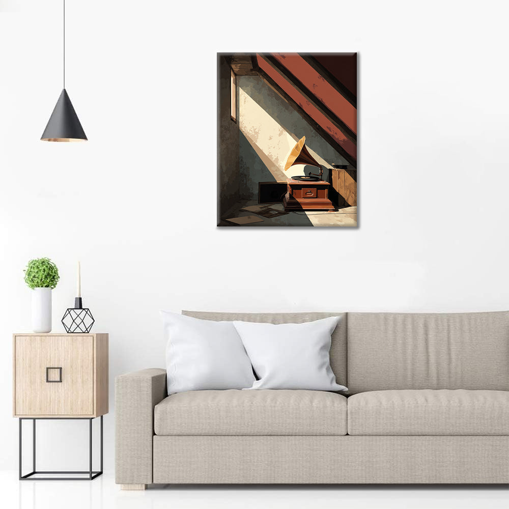 Hotový obraz Půdní gramofon - malování podle čísel - dekorace na zeď a tip na DIY dárek