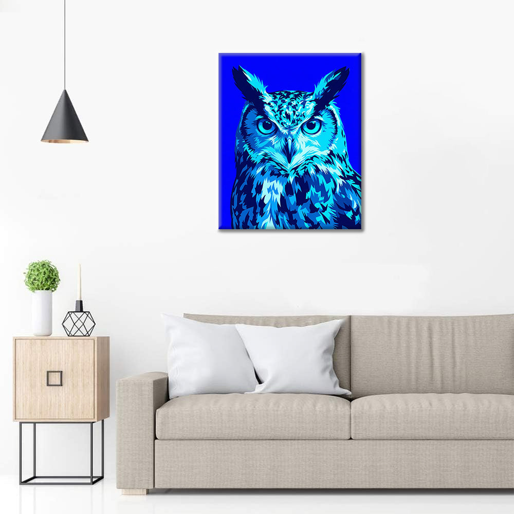 Hotový obraz Neonová sova - malování podle čísel - dekorace na zeď a tip na DIY dárek