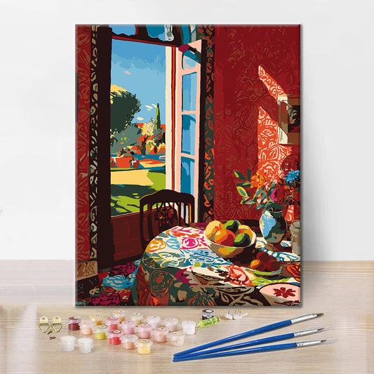 Detail sady Červená jídelna - malování podle čísel - vysoce kvalitní plátno a akrylové barvy