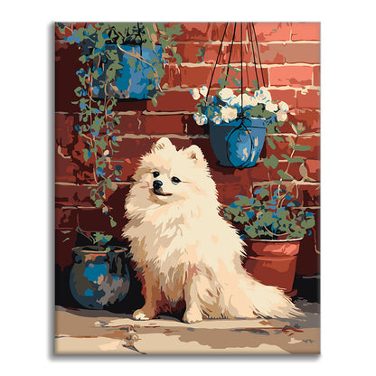 Pomeranian u cihlové zdi – Malování podle čísel