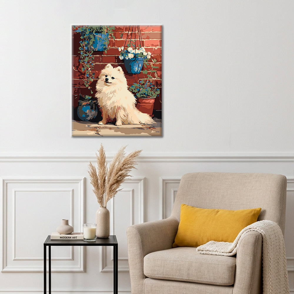 Pomeranian u cihlové zdi – Malování podle čísel