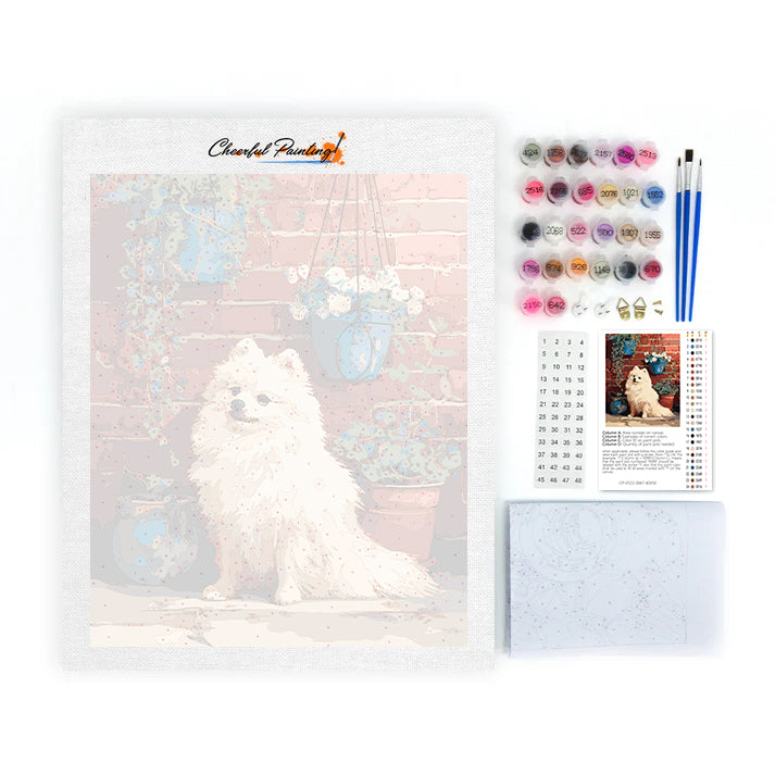 Pomeranian u cihlové zdi – Malování podle čísel
