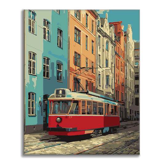 Vintage červená tramvaj – Malování podle čísel