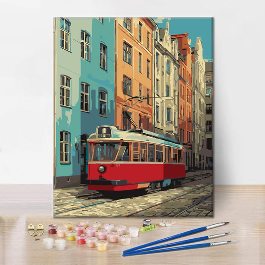 Vintage červená tramvaj – Malování podle čísel
