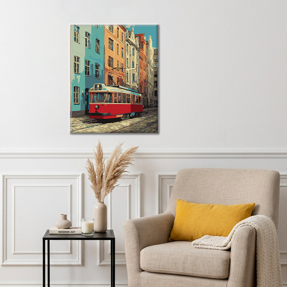 Vintage červená tramvaj – Malování podle čísel