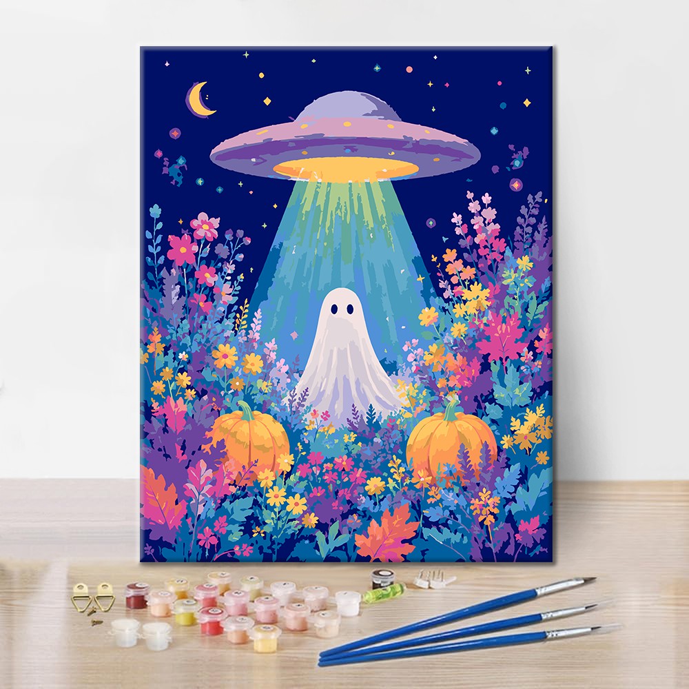 UFO a duch v květinovém poli – Malování podle čísel