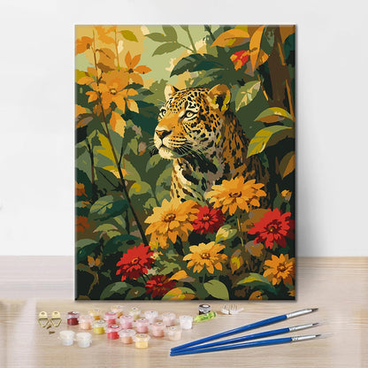Leopard mezi tropickými květinami – Malování podle čísel