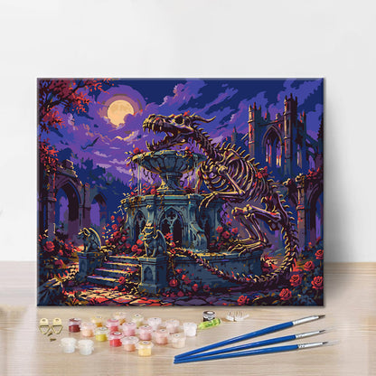Dinosauří skelet v gotické zahradě – Malování podle čísel