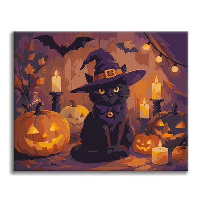 Černá kočka s halloweenskými dýněmi – Malování podle čísel