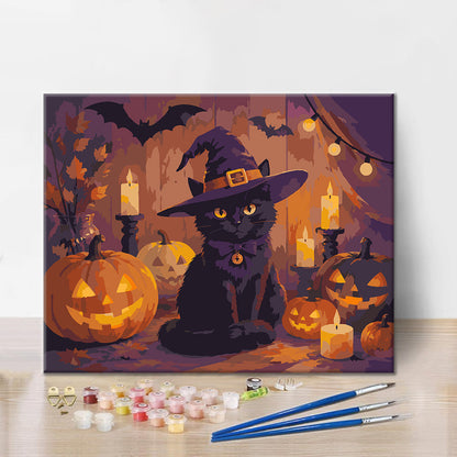 Černá kočka s halloweenskými dýněmi – Malování podle čísel