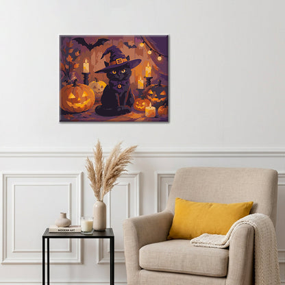 Černá kočka s halloweenskými dýněmi – Malování podle čísel