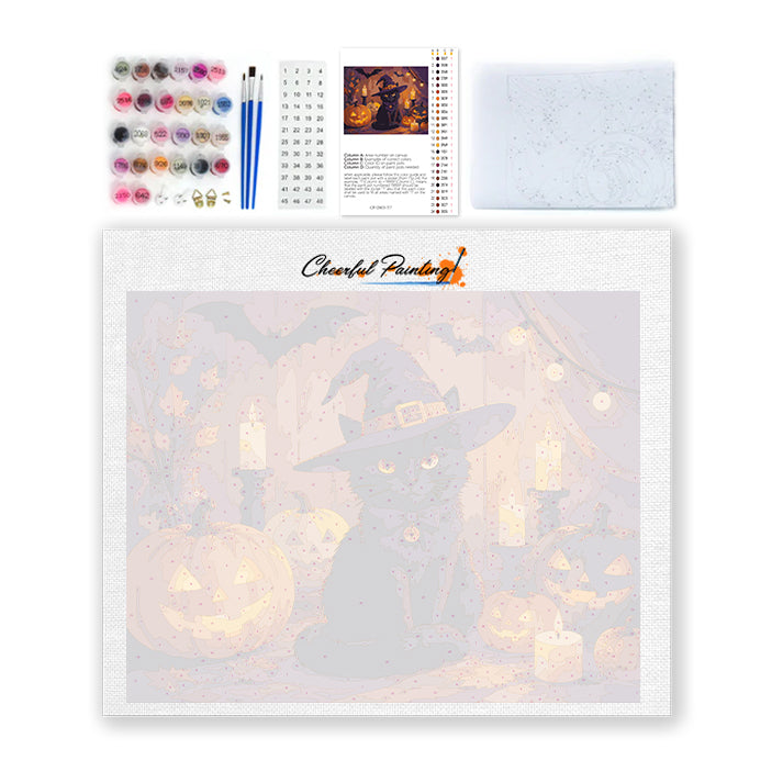 Černá kočka s halloweenskými dýněmi – Malování podle čísel