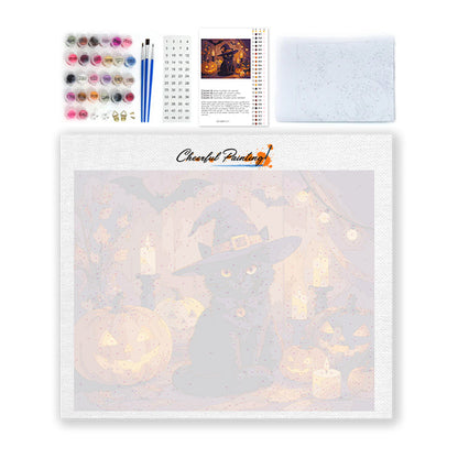 Černá kočka s halloweenskými dýněmi – Malování podle čísel